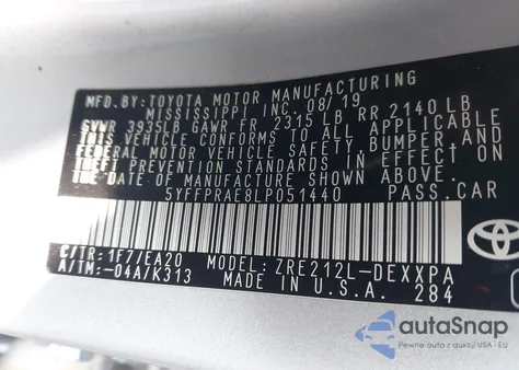 2020 Toyota Corolla Xle z USA, uszkodzony, nr VIN 5YFFPRAE8LP051440